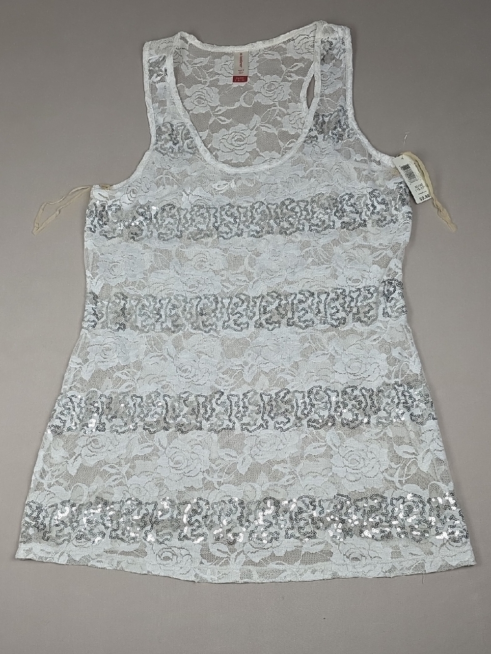 No Boundaries White Lace Tank Top with Silver Sequin Stripes Size XL NWT